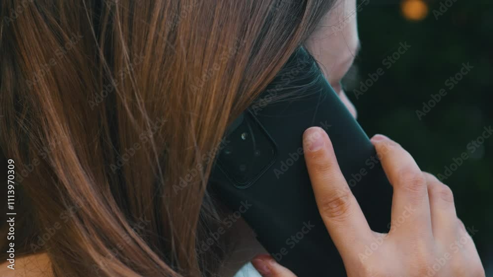 Unrecognizable woman head talking mobile phone calling on smartphone. Close up. Unrecognizable woman head talking mobile phone calling on smartphone. Close up.