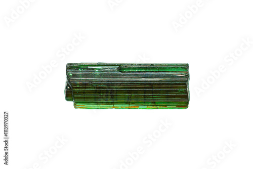 Natural rough green chrome Tourmaline gemstone on white background (Earth minerals – tourmaline gemstone group)(selective focus)  photo