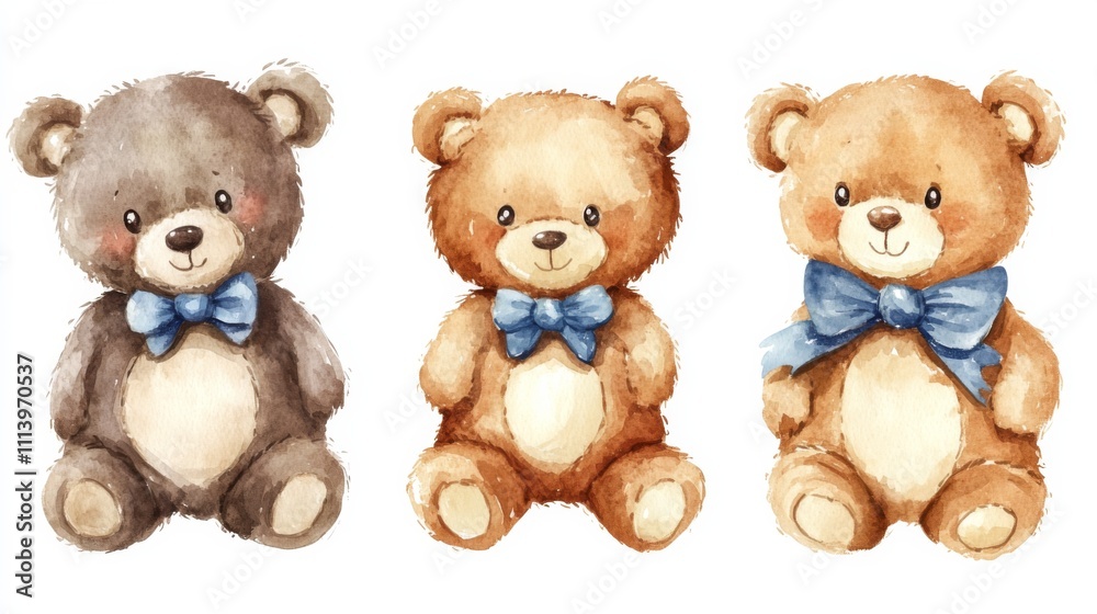 Watercolor Teddy Bears with Blue Bows Watercolor Teddy Bears with Blue Bows