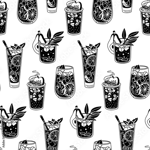 pattern with contrasting black drinks on white. Seamless texture of drinks for bar, restaurant. glasses are chaotic. Silhouettes of glass glasses with cozy drinks. Printing for menu packaging, paper