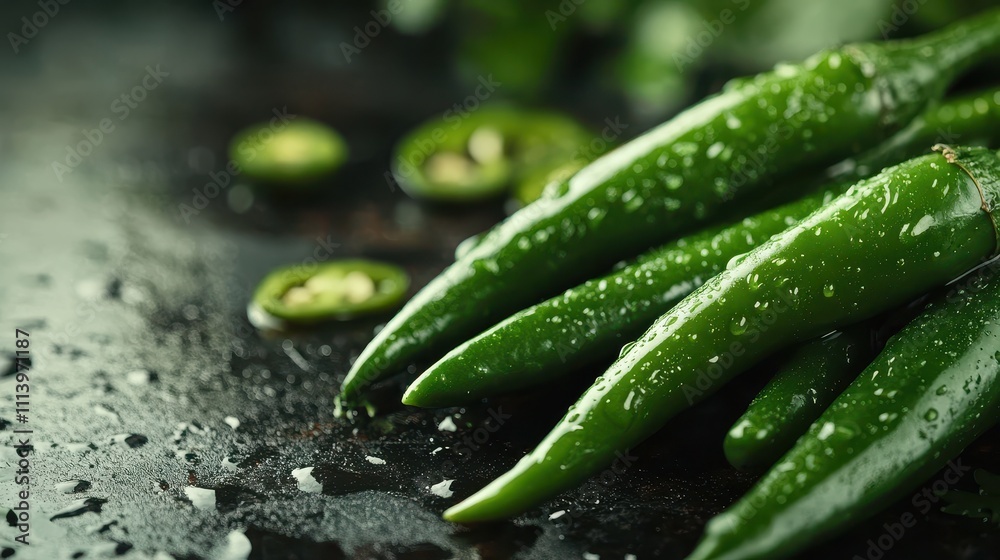 Fresh green chili peppers with water droplets. Perfect for recipes, food blogs, or spicy food themes. Fresh green chili peppers with water droplets. Perfect for recipes, food blogs, or spicy food themes.