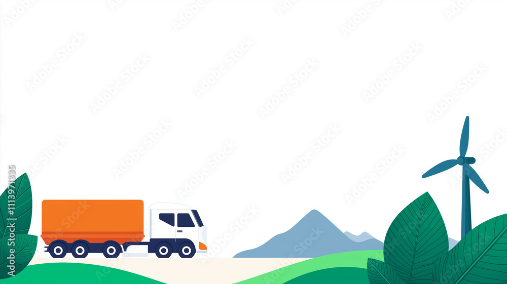 Sustainable transport with truck near wind turbines and mountains Sustainable transport with truck near wind turbines and mountains