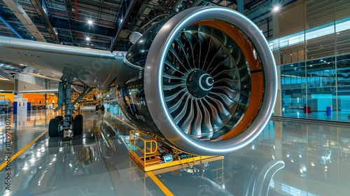 Airplane Engine in Hangar: Detailed Close-up of a Modern Turbofan Engine