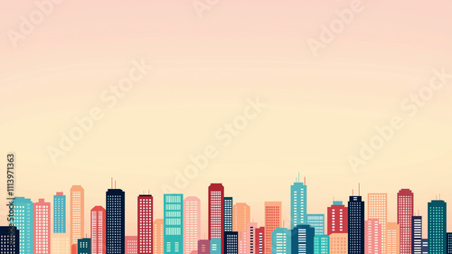 Urban skyline illustration with colorful buildings and sunset hues photo