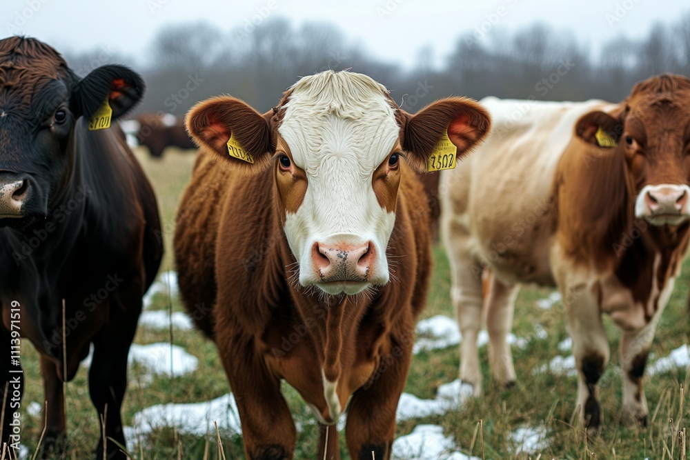 Portrait of healthy beautiful cows standing on lush green farm Portrait of healthy beautiful cows standing on lush green farm