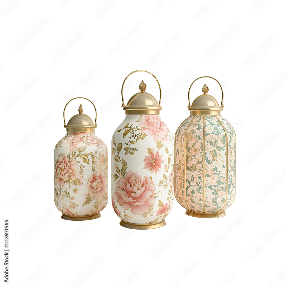 Elegant Set of Three Floral Patterned Jars with Gold Accents Elegant Set of Three Floral Patterned Jars with Gold Accents
