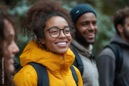 hree people, a woman and two men, are smiling and looking at each other outdoors. They appear happy photo