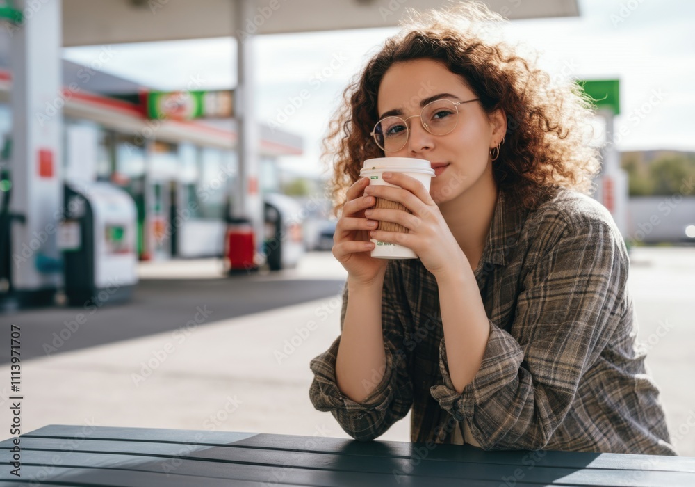 Curly haired woman drinking coffee at a gas station during a road trip Curly haired woman drinking coffee at a gas station during a road trip