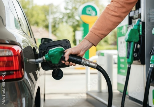 Close-up of hand holding fuel nozzle, pumping gasoline into car at petrol station