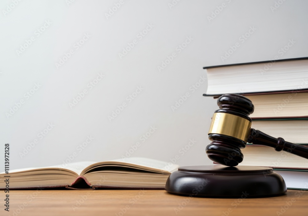 Wooden gavel resting on its sound block with law books and an open book on a wooden desk Wooden gavel resting on its sound block with law books and an open book on a wooden desk