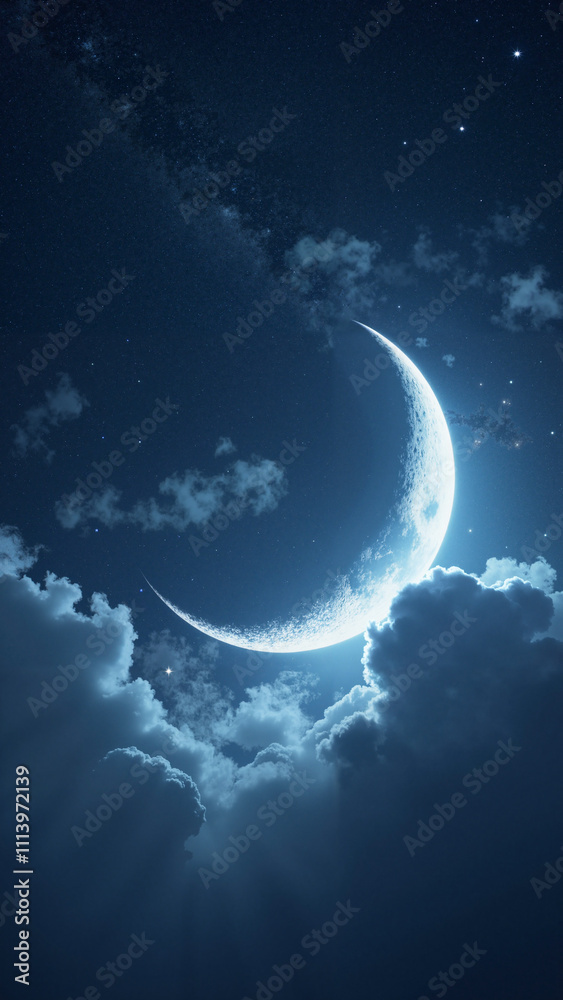 Enchanting Night Sky: Crescent Moon and Stars for Astronomy Events, Travel Brochures, and Celestial-Themed Products Enchanting Night Sky: Crescent Moon and Stars for Astronomy Events, Travel Brochures, and Celestial-Themed Products