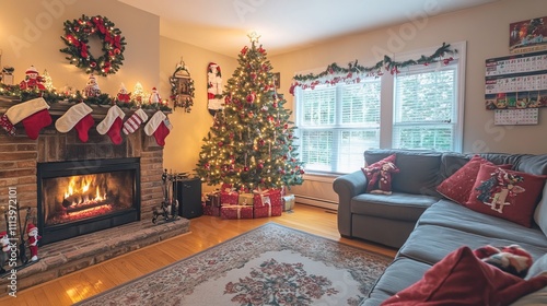 A cozy living room is decorated for the Christmas season. A fireplace crackles merrily, casting a warm glow on the festively decorated Christmas tree. An Advent calendar hangs on the wall