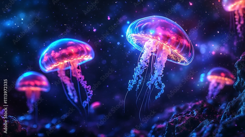 Jellyfish shining in radiant hues over mushroom forests in darkness image Jellyfish shining in radiant hues over mushroom forests in darkness image