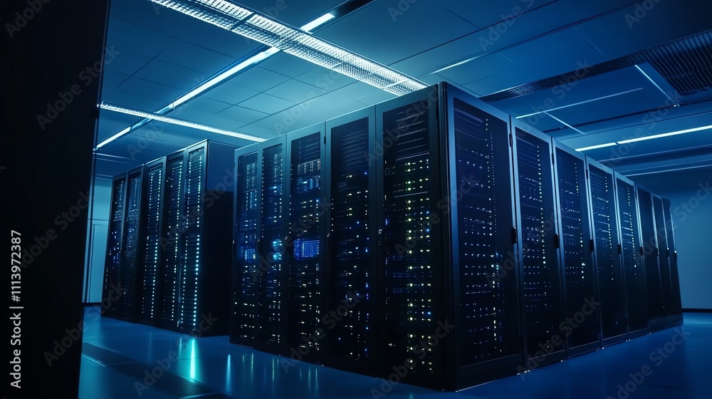 Fototapeta premium A server room with rows of servers lit with blue lights.