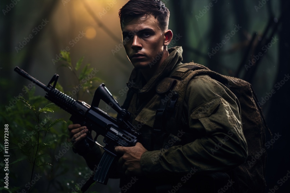 Fototapeta premium A soldier in camouflage stands alert in a lush forest, embodying bravery and determination. A man with a machine gun