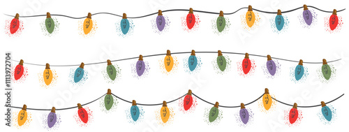 Set of Christmas garland in trendy groovy retro style. String of colorful holiday lights. Happy New year and Merry Christmas pattern. 70s Vibes groovy garland. Vector Illustration. For greeting card