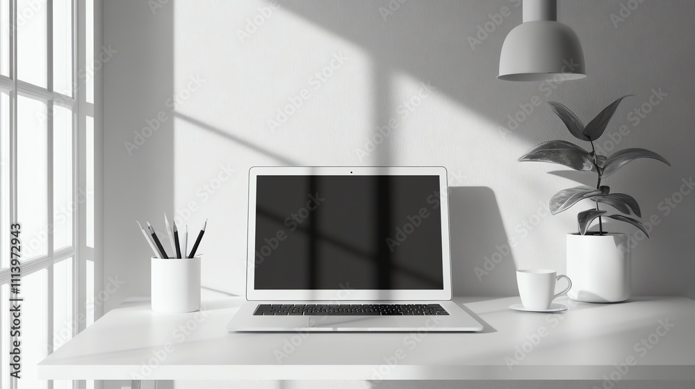 Fototapeta premium A black and white image of a home office desk with a laptop, lamp, and plants.
