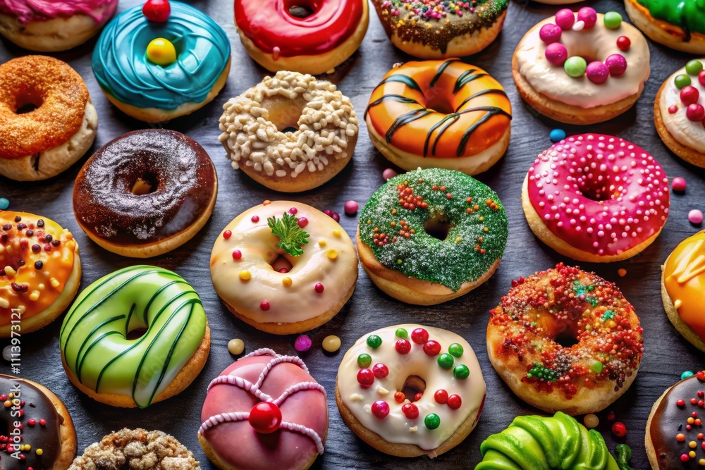 Aerial View of Delicious Donuts with Creamy Frosting and Colorful Sprinkles, Perfect for Any Sweet Occasion, Indulging in Joy and Delightful Treats for All Ages Aerial View of Delicious Donuts with Creamy Frosting and Colorful Sprinkles, Perfect for Any Sweet Occasion, Indulging in Joy and Delightful Treats for All Ages