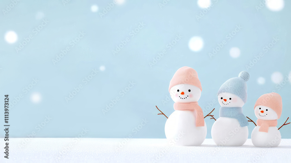Cute snowmen wearing hats and scarves against soft blue background Cute snowmen wearing hats and scarves against soft blue background