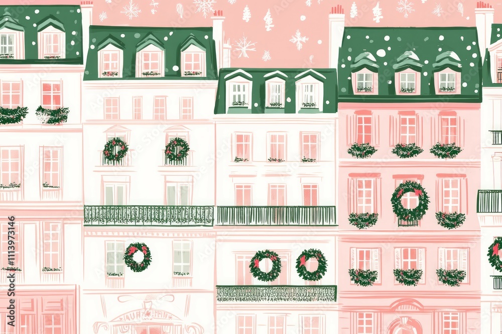 A repeating pattern of white and pink buildings with green trim, a Christmas wreath on each building