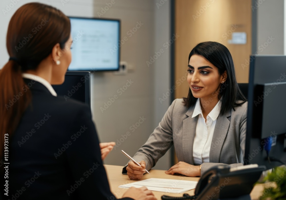 Businesswomen discussing contract terms during meeting in office Businesswomen discussing contract terms during meeting in office
