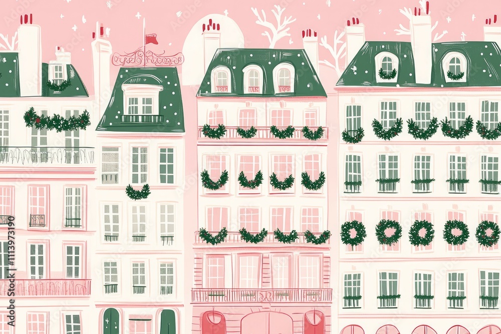 A repeating pattern of white and pink buildings with green trim, a Christmas wreath on each building A repeating pattern of white and pink buildings with green trim, a Christmas wreath on each building