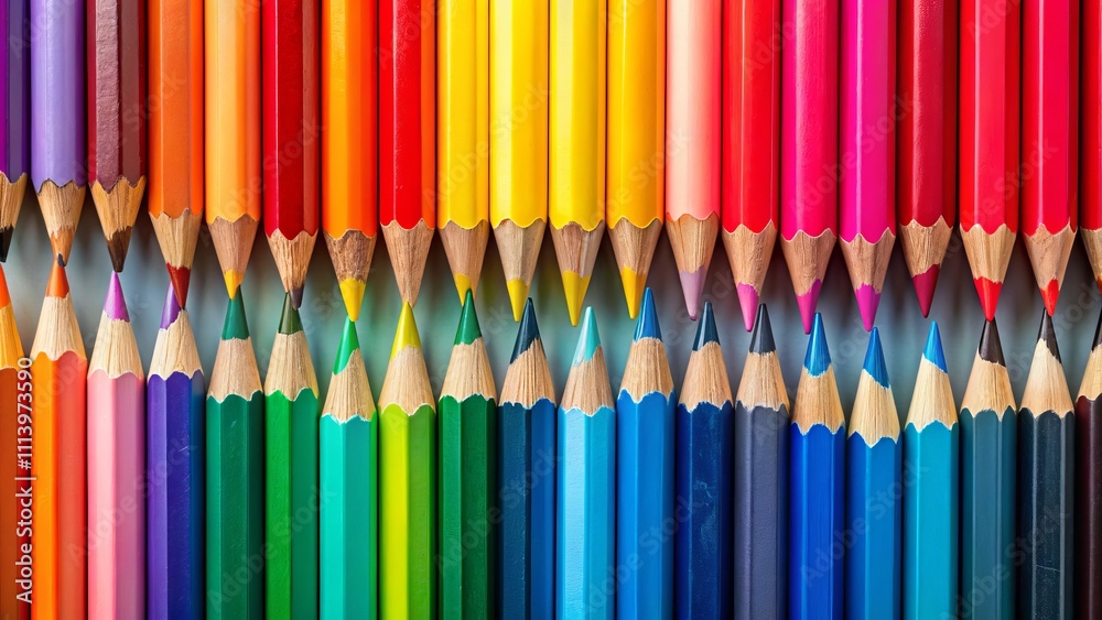 Aerial View of Vibrant Coloring Pencils Arranged Neatly, Showcasing a Spectrum of Hues and Sharp Tips for Artistic Creativity and Expression Aerial View of Vibrant Coloring Pencils Arranged Neatly, Showcasing a Spectrum of Hues and Sharp Tips for Artistic Creativity and Expression