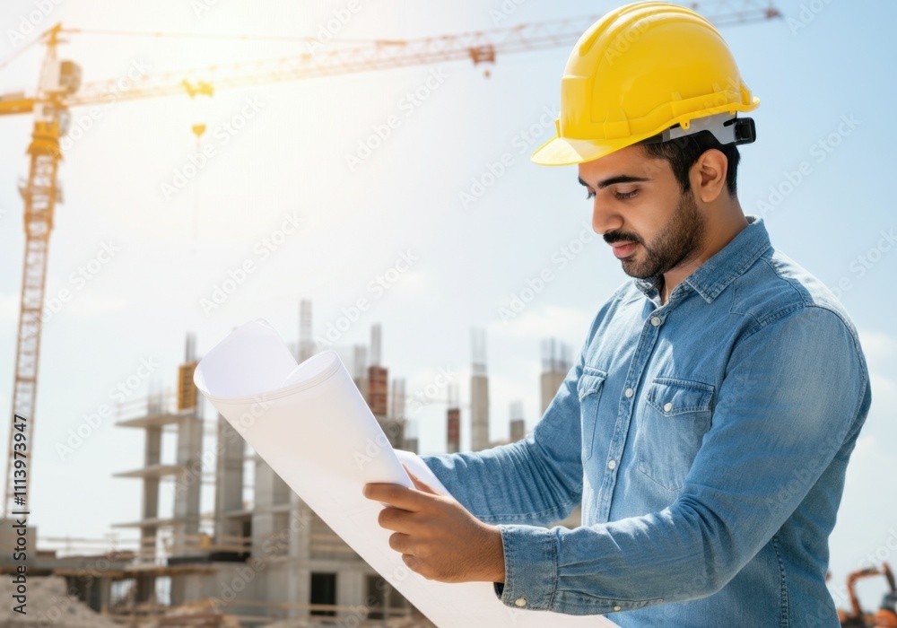 Civil engineer reading blueprint on construction site with crane and building under construction in background Civil engineer reading blueprint on construction site with crane and building under construction in background
