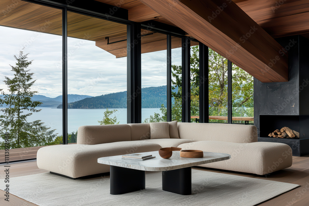 Fototapeta premium Spacious open concept living room featuring modern sofa, large windows, and stunning lake views. natural light enhances serene atmosphere, perfect for relaxation