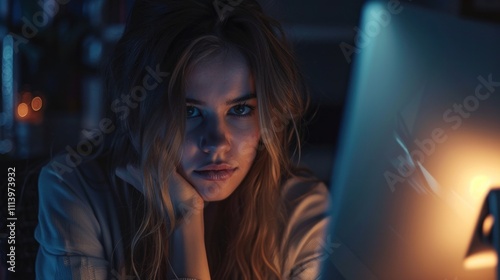 Wallpaper Mural Beautiful woman sitting with full concentration in front of the computer., AI generated image Torontodigital.ca