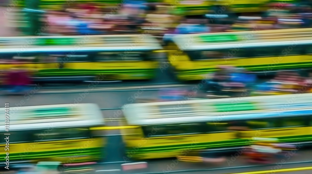 A blurred scene of yellow buses navigating through a busy urban environment. A blurred scene of yellow buses navigating through a busy urban environment.