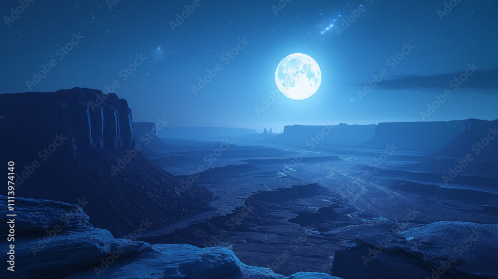 vast, dark desert landscape under a bright full moon. Rocky hills and a flat plain are visiblevv vast, dark desert landscape under a bright full moon. Rocky hills and a flat plain are visiblevv