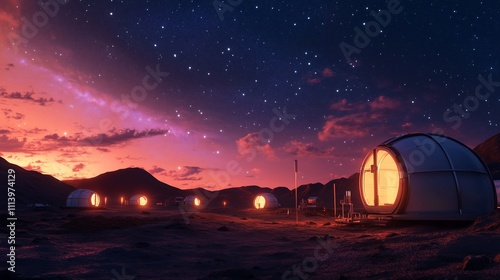 Futuristic habitat settlement under a starry sky in a desert landscape at twilight