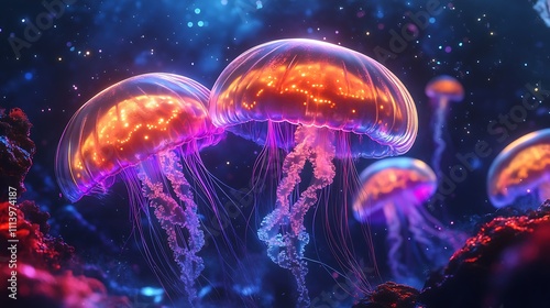 Magical jellyfish glowing with vibrant colors in mushroom-filled darkness image