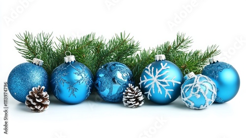 Wallpaper Mural A set of blue Christmas balls is displayed on a white background, with ample room for text. The ornaments can be used to adorn a Christmas tree, contributing to the overall festive ambiance.  Torontodigital.ca