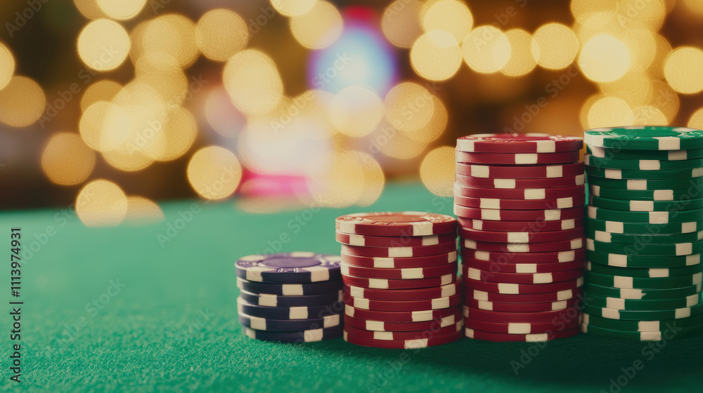 Stacks of Colorful Poker Chips on a Green Table Surrounded by Blurred Lights in a Casino Setting for Gambling and Game Night Themes Stacks of Colorful Poker Chips on a Green Table Surrounded by Blurred Lights in a Casino Setting for Gambling and Game Night Themes