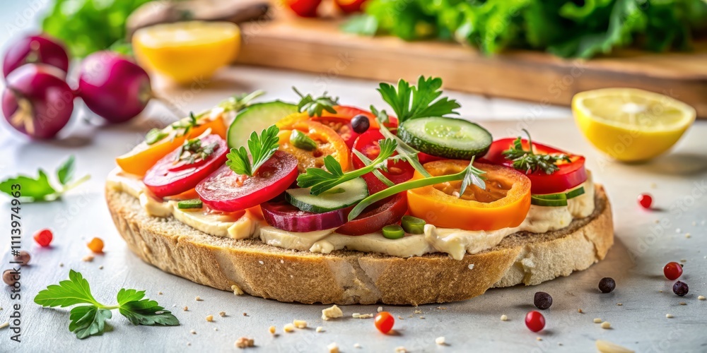 Candid Photography of an Open-Faced Hummus Sandwich with Fresh Vegetables on a Minimalistic White Background Perfect for Food Blogs and Healthy Eating Content Candid Photography of an Open-Faced Hummus Sandwich with Fresh Vegetables on a Minimalistic White Background Perfect for Food Blogs and Healthy Eating Content