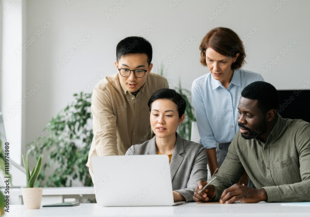 Diverse colleagues collaborating on a project, using a laptop and sharing ideas in a modern office environment Diverse colleagues collaborating on a project, using a laptop and sharing ideas in a modern office environment