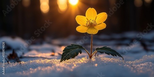 ellow winter aconite flower blooming in the snow at sunset, a symbol of hope, resilience, and the arrival of spring