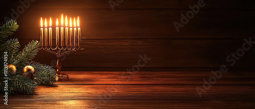 serene Hanukkah scene featuring menorah with lit candles, surrounded by pine branches and ornaments, creating warm and festive atmosphere