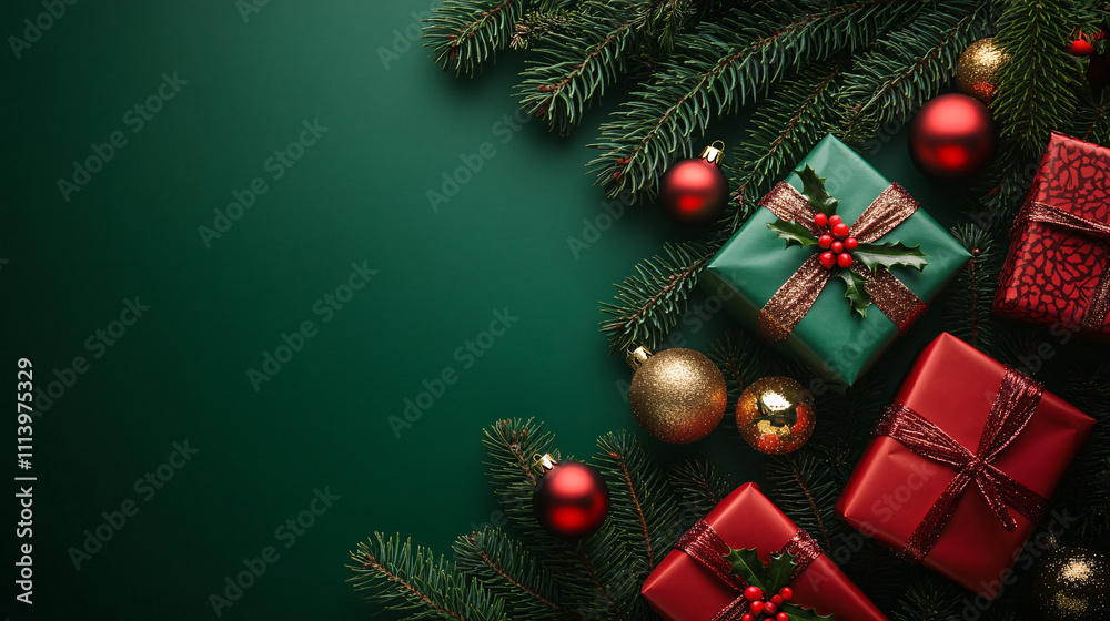 Festive Christmas presents arranged with vibrant decorations on a rich emerald green background, perfect for holiday marketing, invitations, or seasonal promotions.