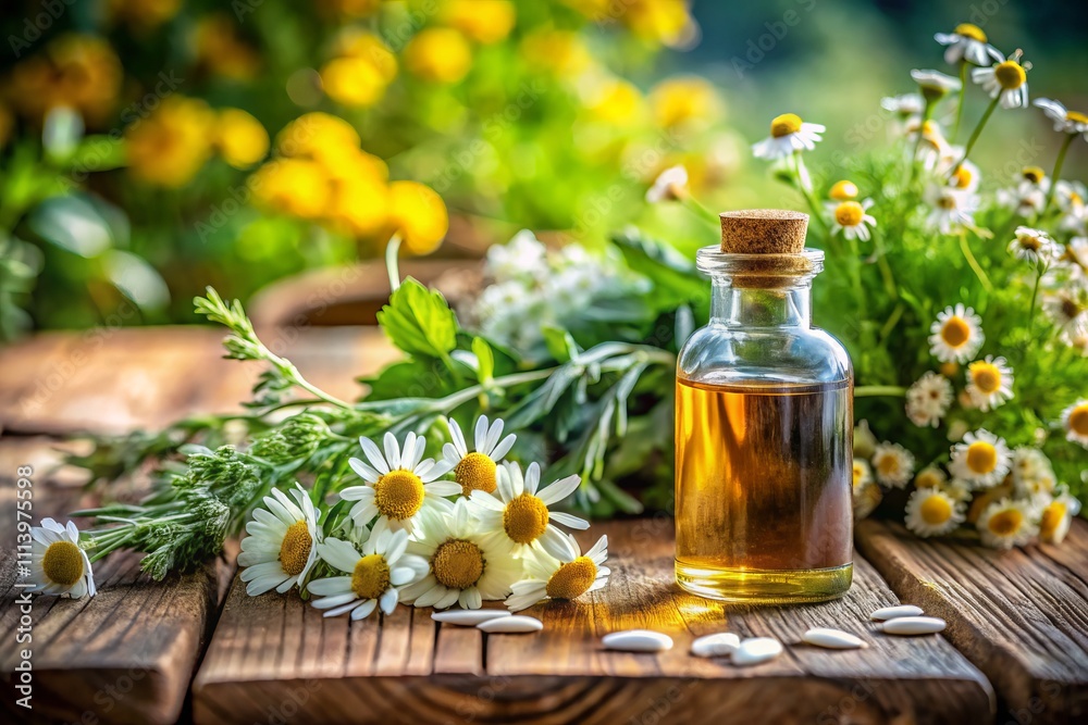 Medicinal Tincture Bottle Surrounded by Fresh Herbs and Flowers on Rustic Wooden Table - Natural Aromatherapy for Health and Wellness with Chamomile and Helichrysum Medicinal Tincture Bottle Surrounded by Fresh Herbs and Flowers on Rustic Wooden Table - Natural Aromatherapy for Health and Wellness with Chamomile and Helichrysum
