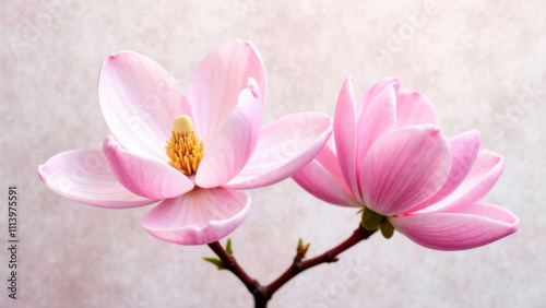 Delicate pink magnolia blossoms on a branch against soft background