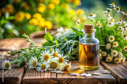 Medicinal Tincture Bottle Surrounded by Fresh Herbs and Flowers on Rustic Wooden Table - Natural Aromatherapy for Health and Wellness with Chamomile and Helichrysum