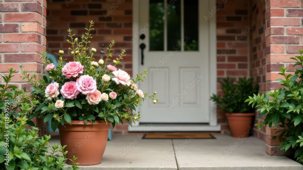 Fototapeta premium Charming front porch with pink roses and green foliage in terracotta pots