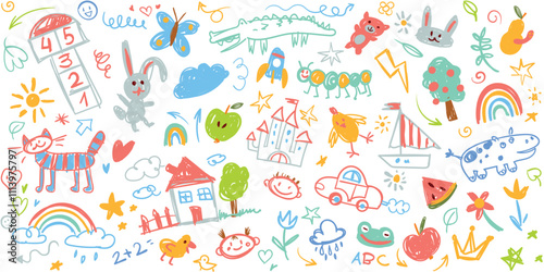 Set of baby doodles. Children funny drawings. Colored pencils scribbles made by a little kid. Hand drawn sketch. Repeating seamless pattern for your wallpaper or textile design. Vector illustration