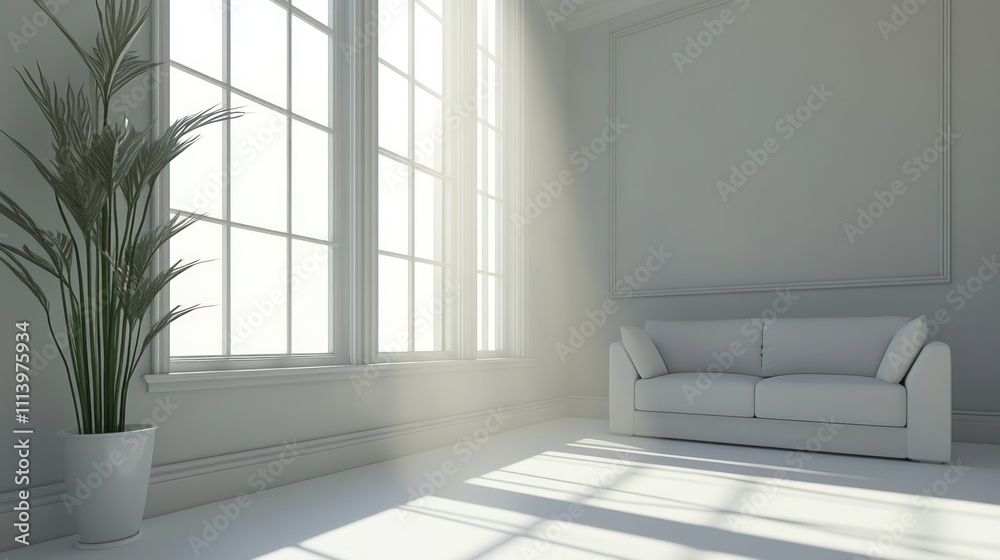 Sunlit minimalist living room with sofa and plant