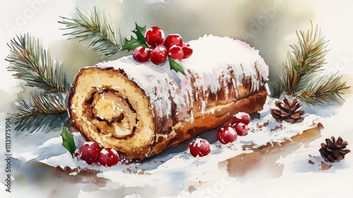 Wallpaper Mural Festive Yule Log with Holly and Pinecones Torontodigital.ca