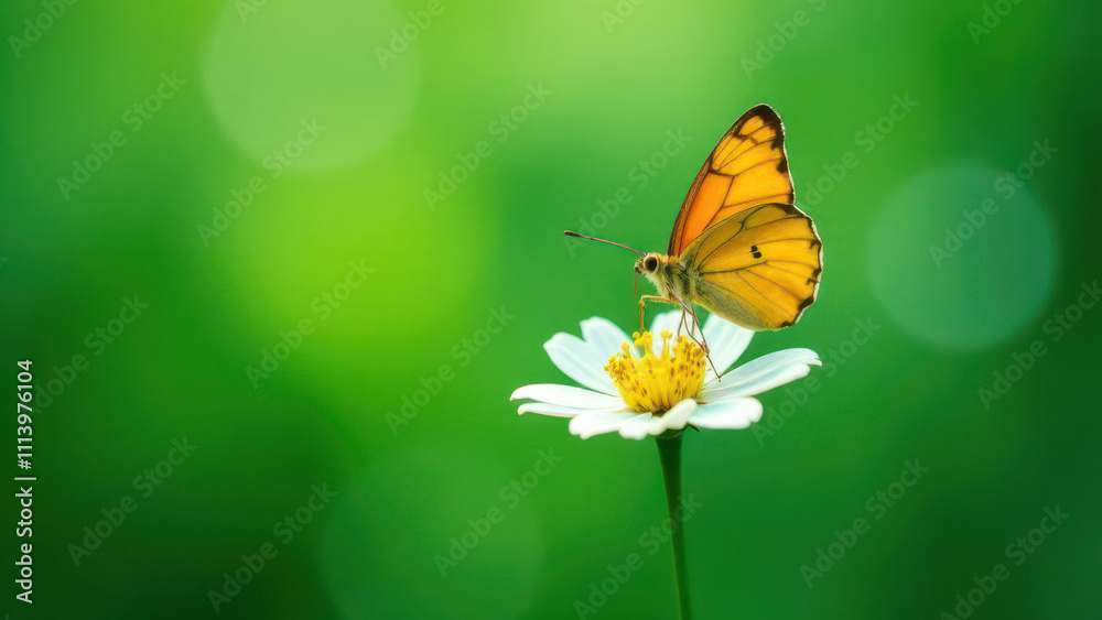 Vibrant orange butterfly on white flower against soft green background