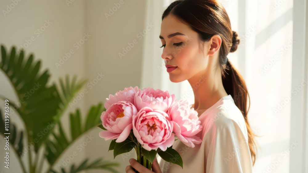 Young asian female holding pink flowers in sunlit room Young asian female holding pink flowers in sunlit room